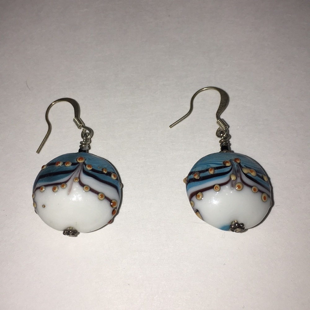 Hand Blown Blue & White Glass Bead Earrings